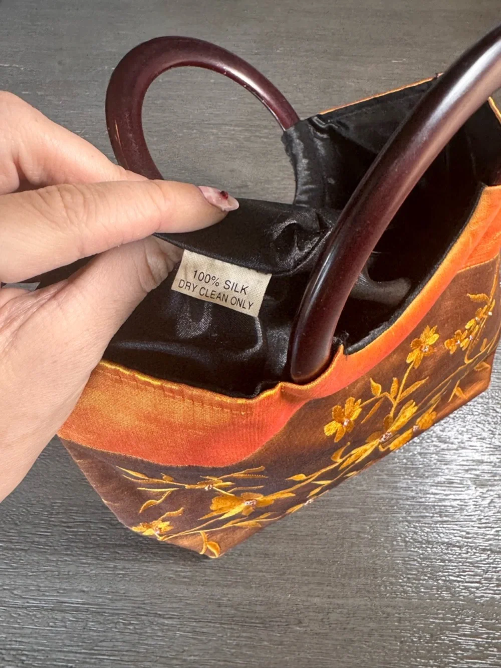 100% Silk Vintage Embroidered Wooden Circle Handle Bag Purse Orange